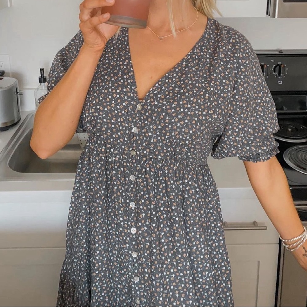 Rylee + Cru Floral Button-Down Dress in Gray and White
